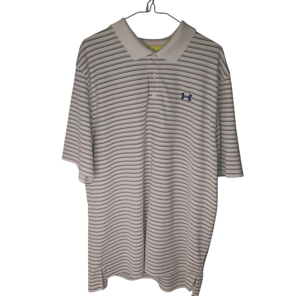 Under Armour HeatGear Polo Shirt Mens 2XL White Yellow Blue Stripe Golf FLAWS